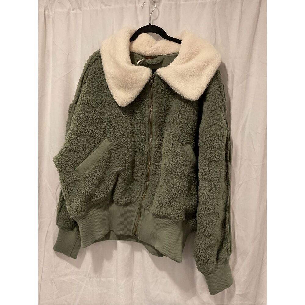 Free People Women's Green White Cozy Up Fleece Faux Fur Cardigan Jacket XL NWOT - Picture 4 of 9